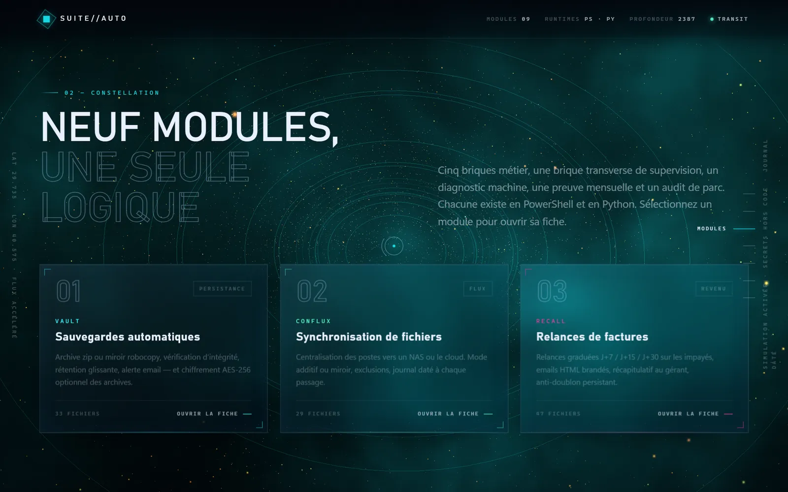 Site Suite // Automatisation : titre « Neuf modules, une seule logique » sur un fond étoilé bleu-vert, et trois cartes de modules.